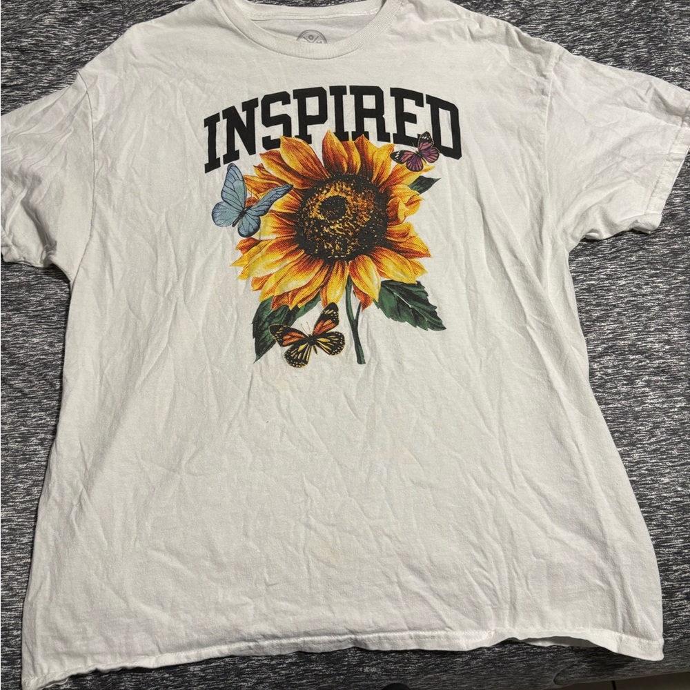 White T-Shirt with Sunflower and Butterfly Design